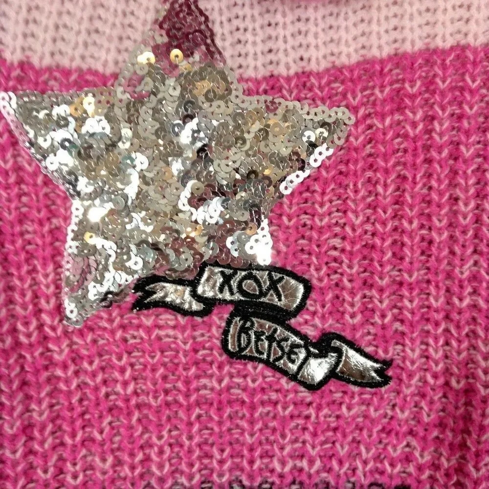 Betsey Johnson Girls 6X Cardigan Hooded Sweater Pink Open Front Sequin Star